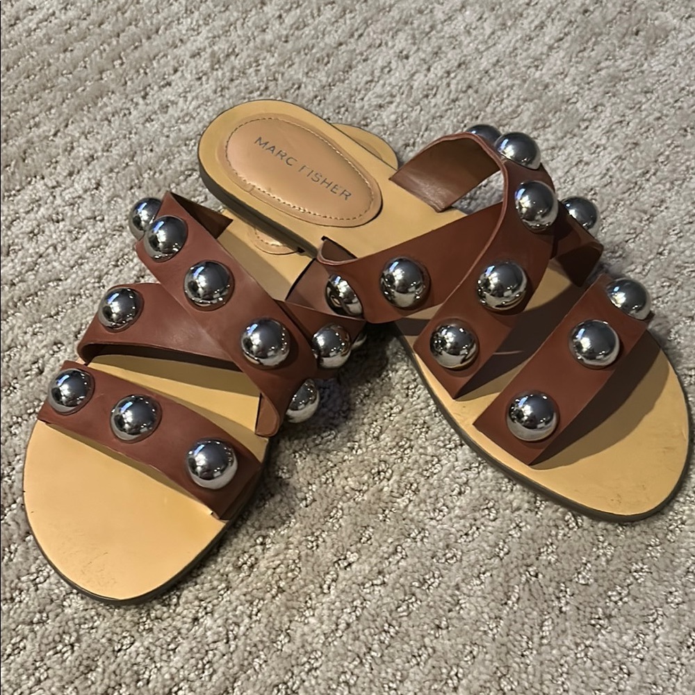Marc Fisher Brown Silver Ball Studded Slide Sandals - 8